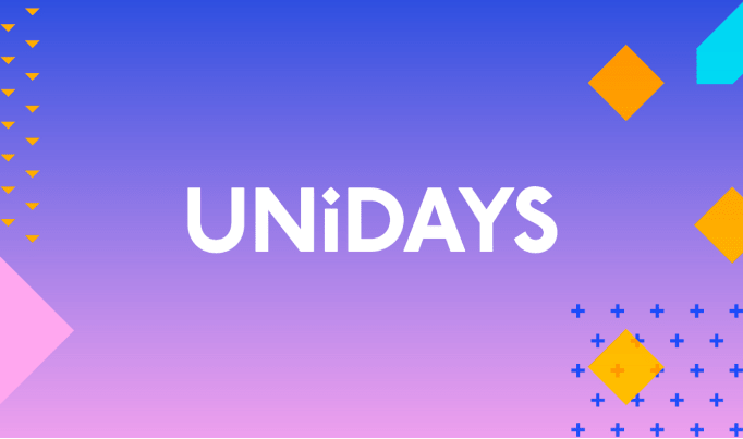 The Unidays logo on a blue to pink background