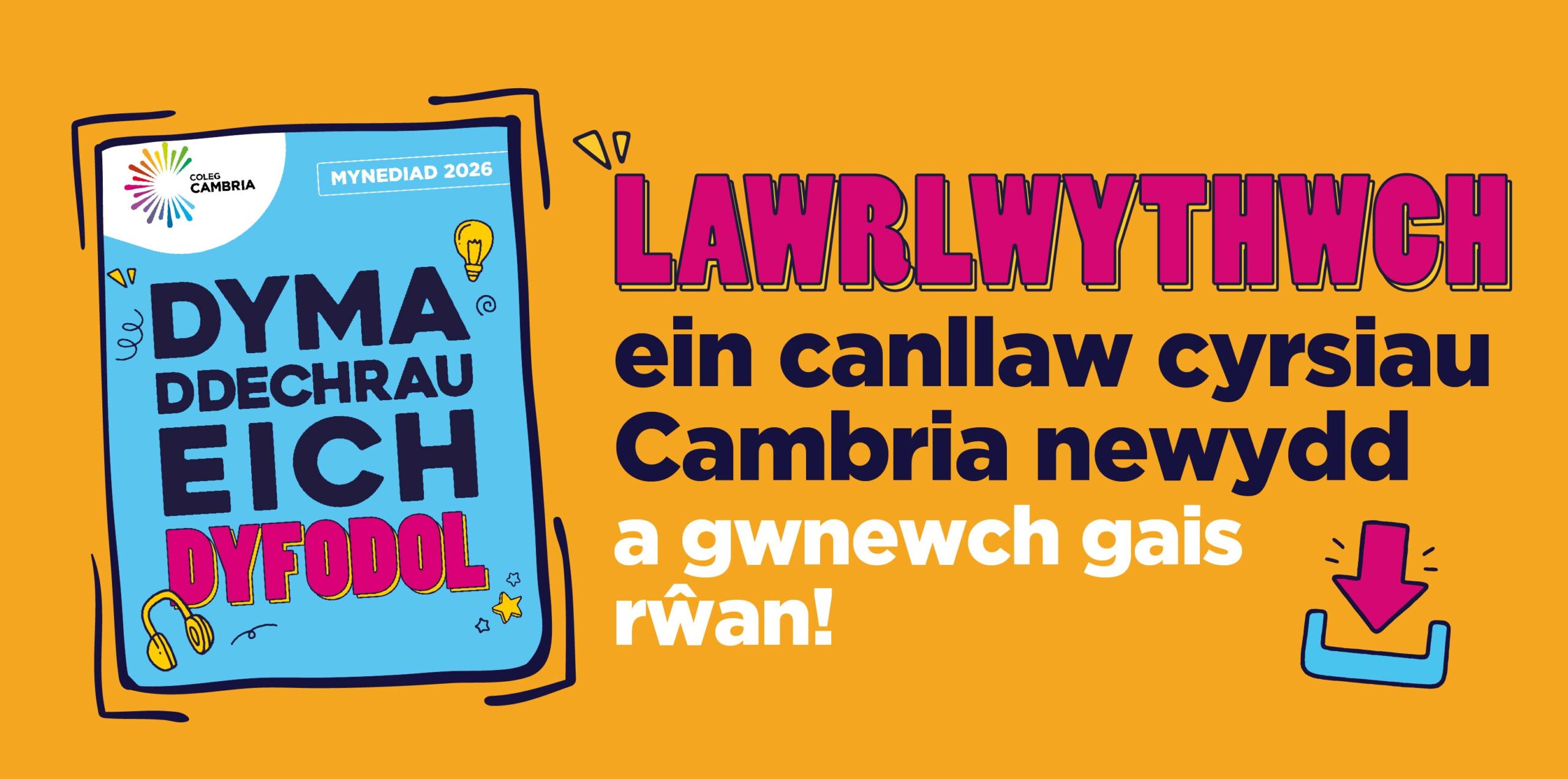 A carousel with the text on 'Download our new Cambria course guide and apply now!' with our full time guide on