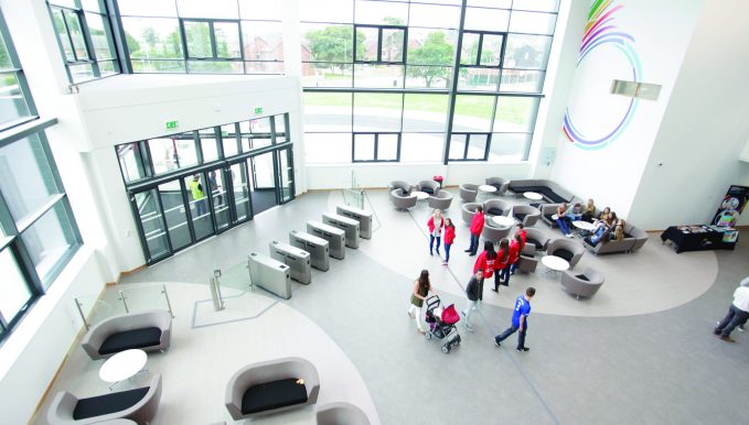 The view of Deeside Sixth Form main area and entrance from a higher point