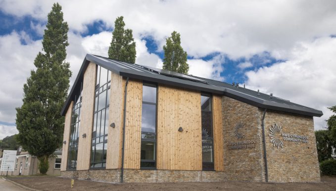 Llysfasi Community Hub from the outside on a cloudy day